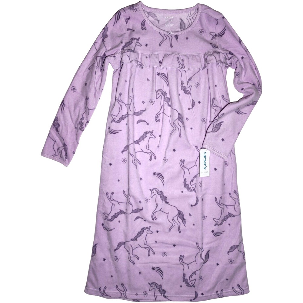 Carter's Purple Unicorn Fleece Nightgown Sz 8‎ 10 Long Sleeve Girl Shooting Star